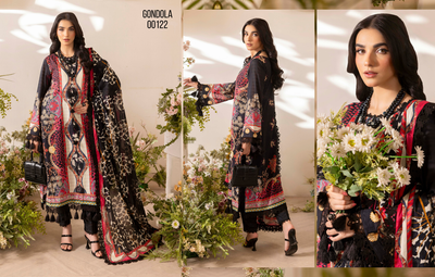 Woman in a black and red patterned outfit with floral accessories, surrounded by flowers and greenery.